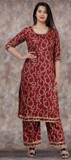 Casual Red and Maroon color Tunic with Bottom in Rayon fabric with Bugle Beads, Gota Patti work : 1691493