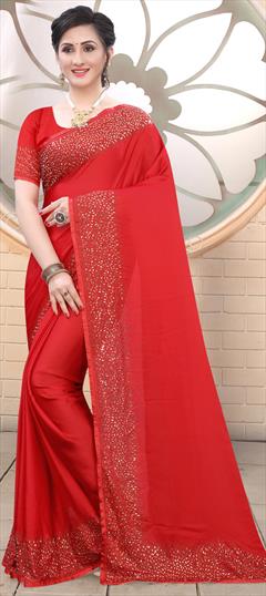 Traditional Red and Maroon color Saree in Satin Silk, Silk fabric with South Stone work : 1691548