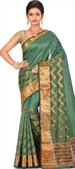 Traditional, Wedding Green color Saree in Kanchipuram Silk, Silk fabric with South Weaving work : 1691600