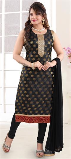 Festive, Party Wear Black and Grey color Salwar Kameez in Art Silk fabric with Churidar Bugle Beads, Sequence, Weaving work : 1691659