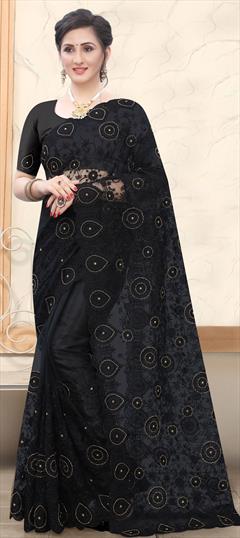 Festive, Reception Black and Grey color Saree in Net fabric with Classic Cut Dana, Embroidered, Resham, Thread work : 1691788