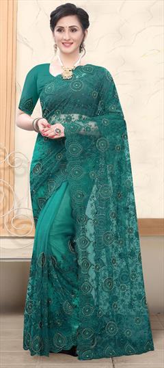 Festive, Reception Green color Saree in Net fabric with Classic Cut Dana, Embroidered, Resham, Thread work : 1691791