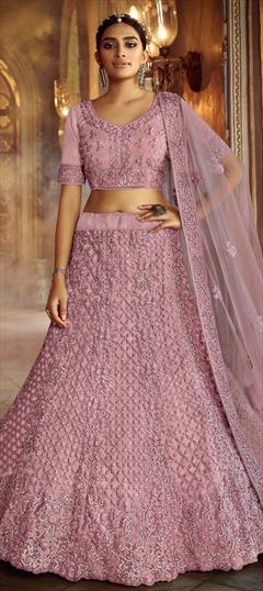 Engagement, Reception, Wedding Pink and Majenta color Lehenga in Net fabric with A Line Embroidered, Resham, Thread, Zircon work : 1691856