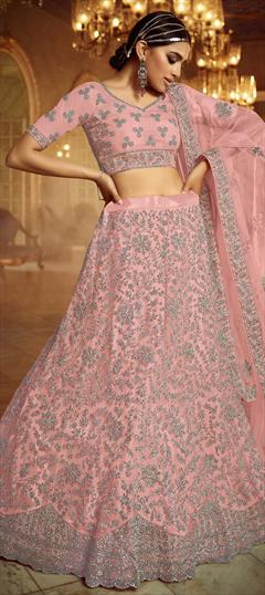 Engagement, Reception, Wedding Pink and Majenta color Lehenga in Net fabric with A Line Embroidered, Resham, Thread, Zircon work : 1691861