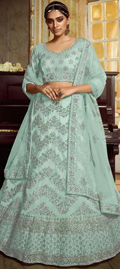 Engagement, Reception, Wedding Green color Lehenga in Net fabric with A Line Embroidered, Resham, Thread, Zircon work : 1691862
