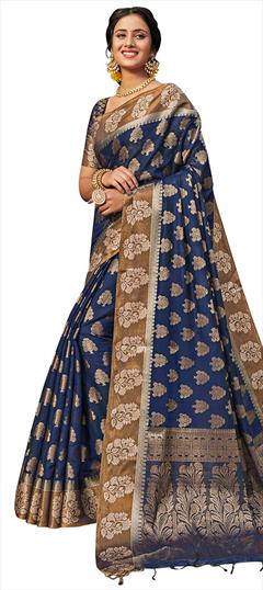 Traditional Blue color Saree in Art Silk, Silk fabric with Bengali, South Weaving work : 1691915