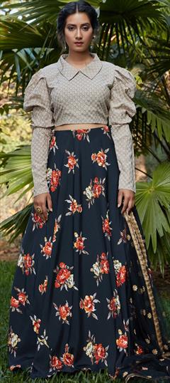 Festive, Party Wear Black and Grey color Lehenga in Crepe Silk fabric with A Line Printed work : 1692001