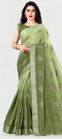 Casual, Traditional Green color Saree in Cotton fabric with Bengali Printed work : 1692060