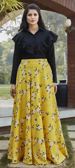 Party Wear Black and Grey, Yellow color Ready to Wear Lehenga in Cotton, Crepe Silk fabric with Umbrella Shape Floral, Printed work : 1692115