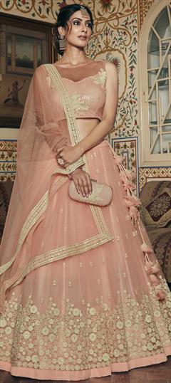 Engagement, Festive, Wedding Pink and Majenta color Lehenga in Net fabric with A Line Embroidered, Resham, Sequence, Thread, Zari work : 1692177