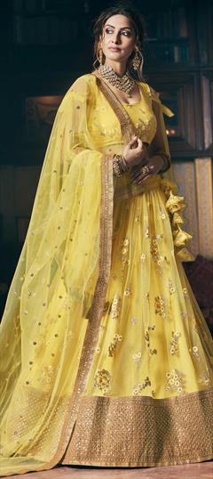 Engagement, Festive, Wedding Yellow color Lehenga in Net fabric with A Line Embroidered, Resham, Sequence, Thread, Zari work : 1692178