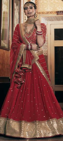 Reception, Wedding Red and Maroon color Lehenga in Georgette fabric with A Line Embroidered, Resham, Sequence, Thread, Zari work : 1692185
