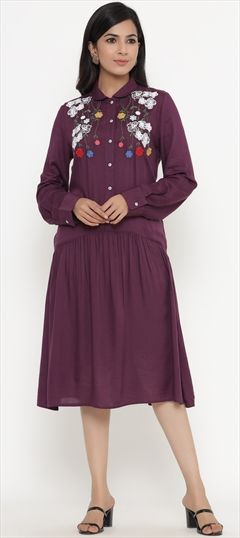 Casual Purple and Violet color Dress in Rayon fabric with Embroidered, Resham, Thread work : 1692208