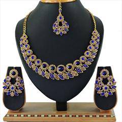 Blue, Gold color Necklace in Copper, Metal Alloy studded with CZ Diamond & Gold Rodium Polish : 1692569