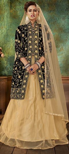 Festive, Party Wear Beige and Brown, Black and Grey color Long Lehenga Choli in Net, Velvet fabric with Embroidered, Stone, Thread, Zari work : 1692664