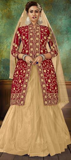 Festive, Party Wear Beige and Brown, Red and Maroon color Long Lehenga Choli in Net, Velvet fabric with Embroidered, Stone, Thread, Zari work : 1692665
