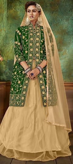 Festive, Party Wear Beige and Brown, Green color Long Lehenga Choli in Net, Velvet fabric with Embroidered, Stone, Thread, Zari work : 1692667