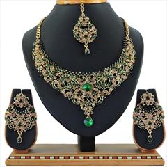 Gold, Green color Necklace in Copper, Metal Alloy studded with CZ Diamond & Gold Rodium Polish : 1692738