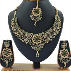 Gold, Green color Necklace in Copper, Metal Alloy studded with CZ Diamond & Gold Rodium Polish : 1692789