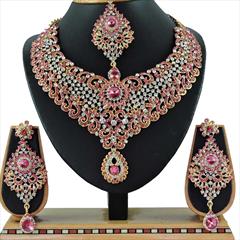 Pink and Majenta color Necklace in Copper, Metal Alloy studded with CZ Diamond & Gold Rodium Polish : 1692950