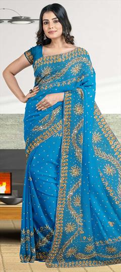 Traditional, Wedding Blue color Saree in Georgette fabric with Classic Sequence, Stone work : 1693050