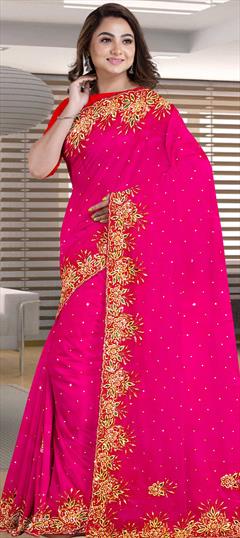 Festive, Reception, Wedding Pink and Majenta color Saree in Georgette fabric with Classic Sequence, Stone work : 1693062