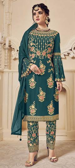 Party Wear Green color Salwar Kameez in Georgette fabric with Straight Embroidered, Stone, Thread work : 1693251