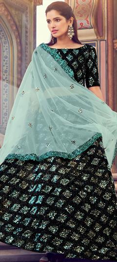Festive, Reception, Wedding Black and Grey color Lehenga in Lycra fabric with A Line Sequence work : 1693371