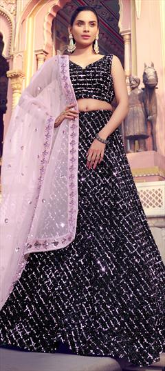 Festive, Reception, Wedding Black and Grey color Lehenga in Lycra fabric with A Line Sequence work : 1693372