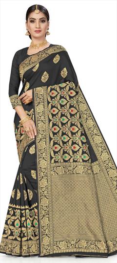 Traditional Black and Grey color Saree in Art Silk, Silk fabric with South Weaving work : 1693871