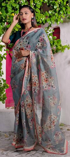 Casual, Traditional Black and Grey color Saree in Organza Silk, Silk fabric with South Floral, Lace, Printed work : 1694319