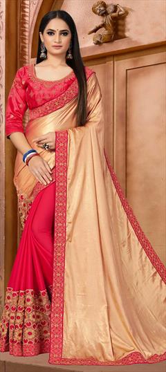 Traditional Beige and Brown, Pink and Majenta color Saree in Georgette, Satin Silk fabric with Half and Half Weaving work : 1694464