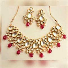 Red and Maroon color Necklace in Metal Alloy studded with Kundan & Gold Rodium Polish : 1694853