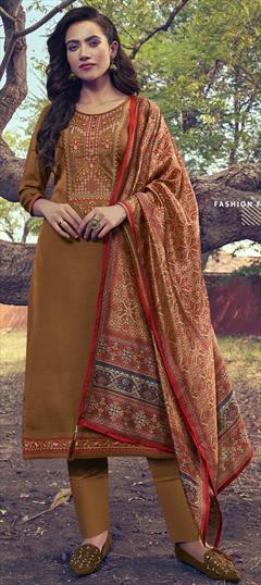 Party Wear Beige and Brown color Salwar Kameez in Art Silk fabric with Straight Embroidered, Thread work : 1695132
