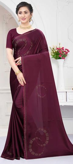 Traditional Purple and Violet color Saree in Satin Silk, Silk fabric with South Stone work : 1695255