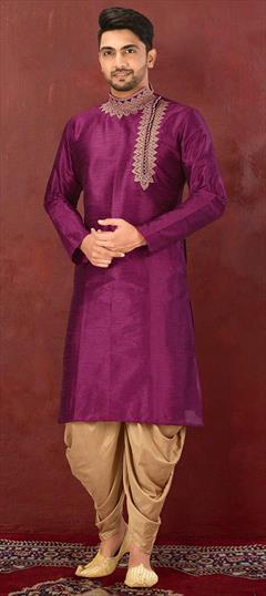 Purple and Violet color Dhoti Kurta in Dupion Silk fabric with Embroidered work : 1695256