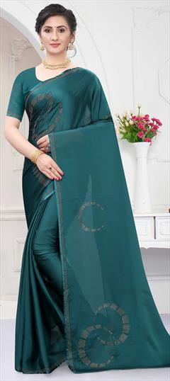 Traditional Blue color Saree in Satin Silk, Silk fabric with South Stone work : 1695259