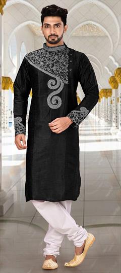 Black and Grey color Kurta Pyjamas in Dupion Silk fabric with Embroidered work : 1695282