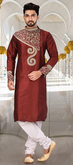 Red and Maroon color Kurta Pyjamas in Dupion Silk fabric with Embroidered work : 1695286