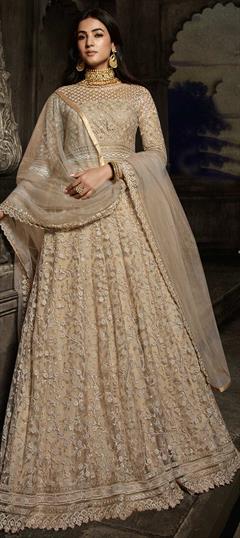 Festive, Reception Beige and Brown color Salwar Kameez in Net fabric with Anarkali Embroidered, Stone, Thread work : 1695502