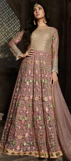 Festive, Reception Beige and Brown color Salwar Kameez in Net fabric with Anarkali Embroidered, Stone, Thread work : 1695506
