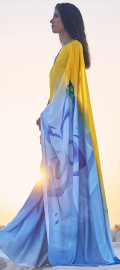 Casual, Traditional Blue, Yellow color Saree in Crepe Silk, Silk fabric with South Digital Print work : 1695545