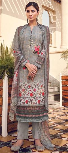 Festive, Mehendi Sangeet Black and Grey color Salwar Kameez in Art Silk fabric with Straight Digital Print, Floral, Sequence work : 1695649