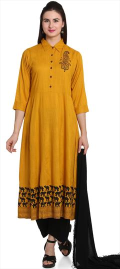 Party Wear Yellow color Salwar Kameez in Cotton fabric with Palazzo Block Print work : 1695862