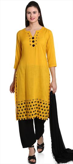 Party Wear Yellow color Salwar Kameez in Cotton fabric with Palazzo Block Print work : 1695864