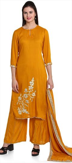 Party Wear Yellow color Salwar Kameez in Rayon fabric with Palazzo Embroidered, Thread work : 1695866