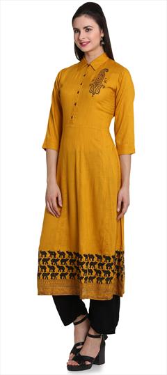 Party Wear Yellow color Tunic with Bottom in Cotton fabric with Block Print work : 1695941