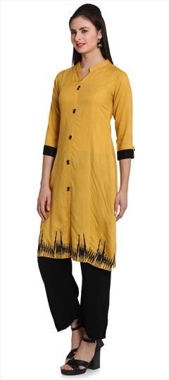 Party Wear Yellow color Tunic with Bottom in Cotton fabric with Block Print work : 1695943