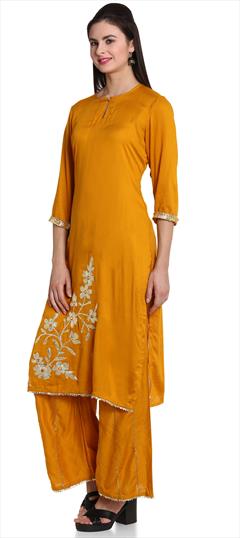 Party Wear Yellow color Tunic with Bottom in Rayon fabric with Embroidered, Thread work : 1695944
