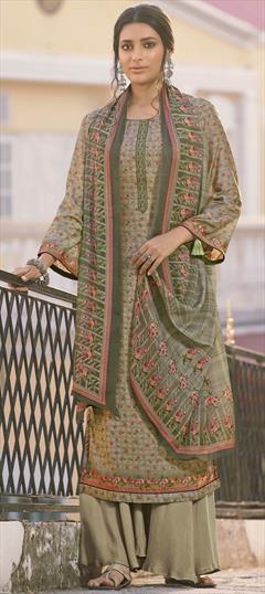 Festive, Party Wear Green color Salwar Kameez in Muslin fabric with Palazzo Digital Print, Floral work : 1696080
